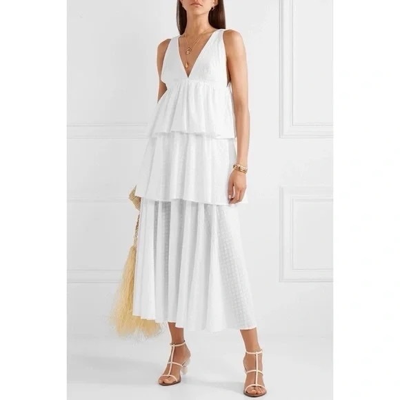 RHODE Dresses & Skirts - RHODE Resort Leela Tiered V-Neck White Cotton Ruffle Midi Dress – Sz. 4 Bridal